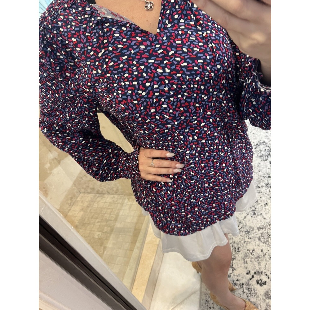 Talbots Womens Blouse Navy Blue Red Geometric Smocked Keyhole Tie Neck Large